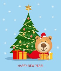 Vector Christmas and new year greeting card with christmas tree and decorations, gift boxes and cute cartoon teddy bear with santa hat. Holiday poster,card,banner. Happy new year