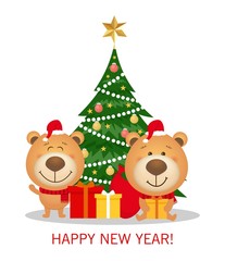 Vector Christmas and new year greeting card with christmas tree and decorations, gift boxes and cute cartoon teddy bears with santa hat. Holiday poster,card,banner. Happy new year