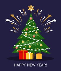 Vector New Year greeting card with christmas tree, decorations, gifts and fireworks. Holiday poster,card,banner. Merry Christmas and Happy new year.