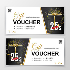 Vector gift voucher template for department stores, business. Abstract vector background. Universal flyer for business. Clean vector design, black gold design elements. 25 dollars.