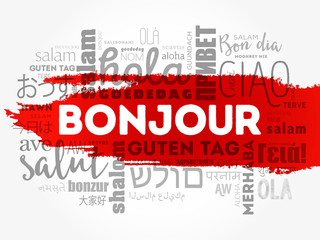 Bonjour (Hello Greeting in French) word cloud in different languages of the world, background concept © dizain