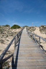 Fototapeta na wymiar A wooden footbridge as a path through the dunes at a beach in Spain