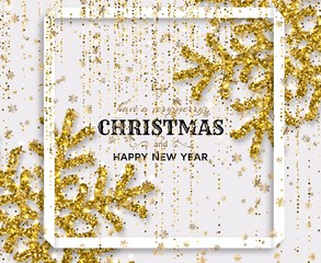 Merry Christmas background with shiny snowflakes, gold colored tinsel and streamer. Greeting card and Xmas template