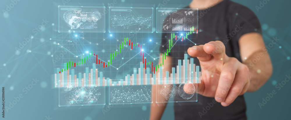 Poster Businessman using 3D rendering stock exchange datas and charts