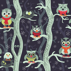 Owls in winter seamless pattern. Seamless Christmas pattern in Scandinavian style. Owls on a tree in a winter forest. Birds waiting for christmas. Vector background for fabric, textile, wallpaper