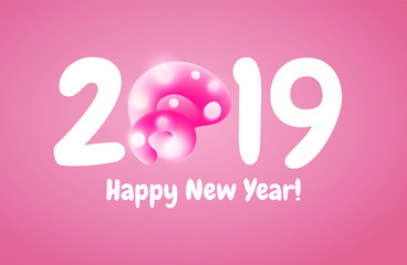 2019 Happy New Year greeting banner with Pink Pig Tail in a shape of number. A symbol of the Chinese 2019 year.