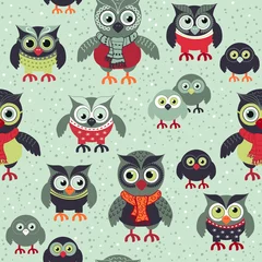 Fotobehang Hand drawn owls seamless Christmas pattern. Owls at night seamless background. Vector background for fabric, wallpaper, gift wrapping paper. Pajamas pattern. Print for kids, baby, children. © Julia