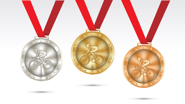 cycling Champion Gold, Silver and Bronze Medal set with Red Ribbon  Vector Illustration