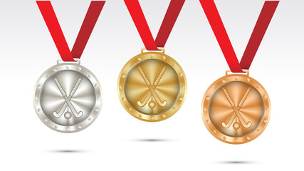 field hockey Champion Gold, Silver and Bronze Medal set with Red Ribbon  Vector Illustration