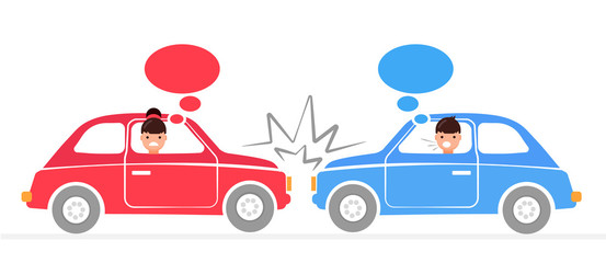Two cars hit head-on. Car accident flat design. Car crash banner. Man and woman arguing.