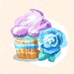 Cupcake with a blue flower, vector illustration in a hand drawn style. Bakery illustration. Oil paint style.