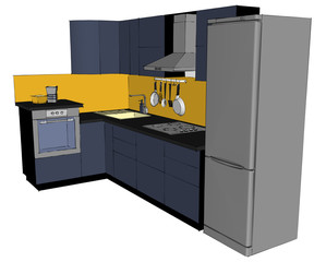 3D rendering of blue kitchen with mustard back splash, wall-mounted chimney cooker hood, built-in oven, ceramic hob, sink, tap, refrigerator and utensils hanging rack isolated.