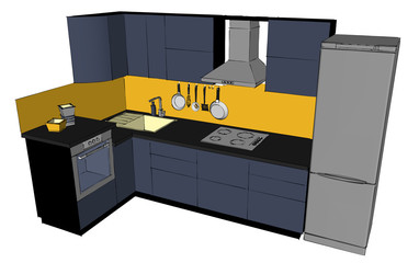 3D sketch drawing of kitchen. Top view.