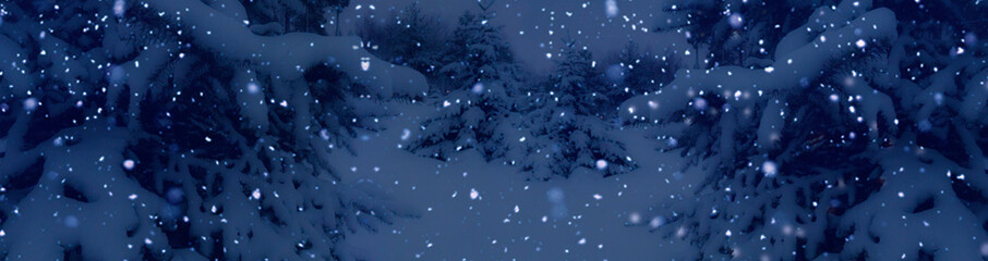 Fototapeta premium Winter night forest, decorated Christmas tree with Christmas lights, snowfall, fabulous New Year's Eve. Christmas night in the forest.