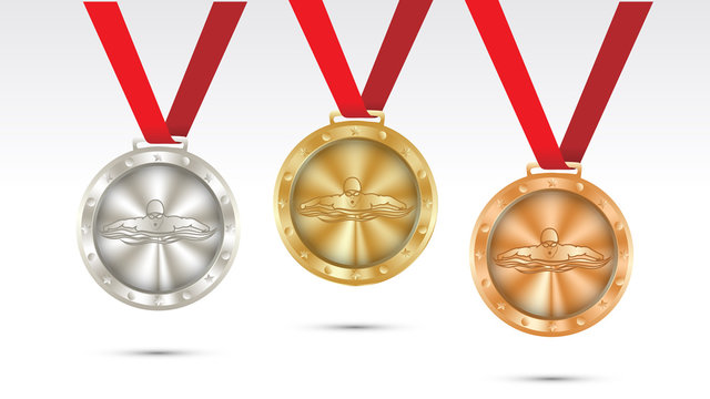 swimming Champion Gold, Silver and Bronze Medal set with Red Ribbon  Vector Illustration