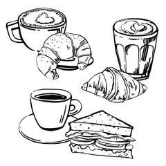 Illustrations with sandwiches, croissants and coffee cups. Hand drawn outline sketch vector set isolated on white background