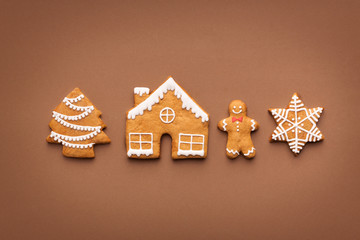 Various Christmas gingerbread cookies in raw, top view