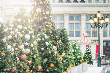 Christmas Toys Balls and Snowflakes on the Tree Christmas Fair.