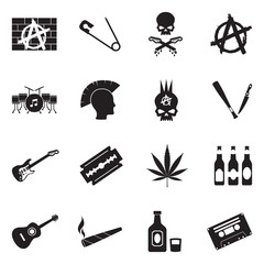 Punk Music Icons. Black Flat Design. Vector Illustration. 