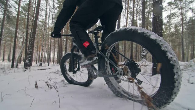 Professional extreme sportsman biker riding fat bike in outdoors. Close-up view of rear wheel. Cyclist ride in winter forest. Man on mountain bicycle with big tire. Snow fly into the lens camera.
