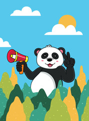 happy panda cartoon with blue background
