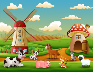Obraz na płótnie Canvas Farm landscape with animals outside the cage