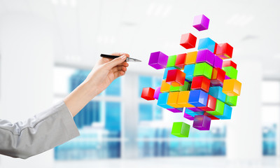 Integrating new technologies concept with cube figure floating in air. Mixed media