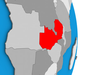 Zambia on simple political 3D globe.