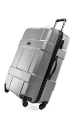 Naklejka premium Modern plastic suitcase for traveler isolated on white background