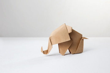 Brown paper origami elephant isolated on white background - obrazy, fototapety, plakaty