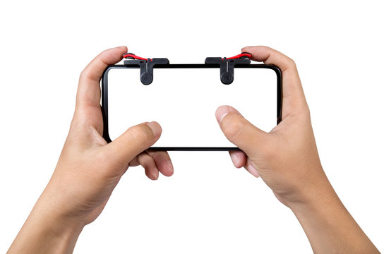Hand holding mobile smart phone with blank screen and controller isolated on white with clipping path.