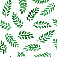 Vector seamless pattern with watercolor green leaves on a white background. Texture for print, wallpaper, home decor, textile, package design, invitation or website background.