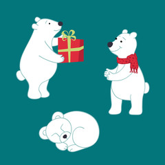 Set of vector polar bears for your design. Polar Bears in winter. Bears are preparing for Christmas, preparing gifts. Vector collection for fabric, wallpaper, gift wrapping paper.