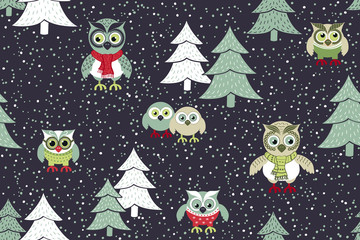Hand drawn owls seamless Christmas pattern. Owls at night seamless background. Vector background for fabric, wallpaper, gift wrapping paper. Pajamas pattern. Print for kids, baby, children.