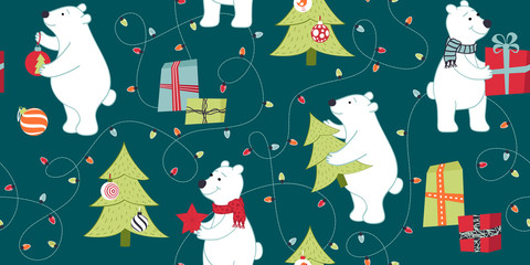 Polar Bears in winter seamless pattern. Bears are preparing for Christmas, preparing gifts, decorate the Christmas tree. Vector background for fabric, wallpaper, gift wrapping paper.