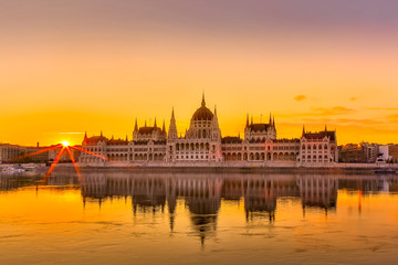 Sunset view of Budapest Parliament building with Danube River in Hungary.