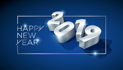 Silver Happy New Year 2019 on a blue background. For your holidays greeting cards, calendars, invitations, banners and much more. No mesh. Vector EPS10.