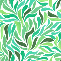 Seamless pattern with watercolor green foliage. Artistic texture background. Vector illustration.