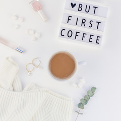 But first coffee text on lightbox with Coffee Cup