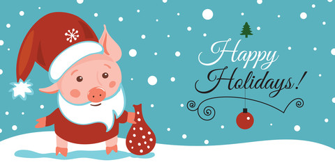 Sketching New year 2019 illustration, pig. Hand drawn logo, emblem, symbol of year, Christmas