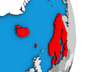 Northern Europe on simple political 3D globe.