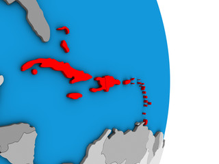 Caribbean on simple political 3D globe.