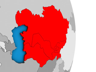Central Asia on simple political 3D globe.