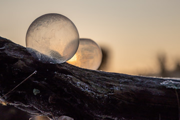 Gefrorene Seifenblasen im Sonnenaufgang