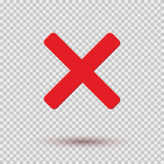 Cross red icon isolated on transparent background. Symbol No or X button for correct, wrong and failed decision. Vector flat sign or mark element .