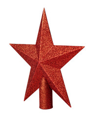 Red star with glitter material isolated on white background. Christmas decoration for top of christmas tree. ( Clipping path )