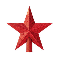 Red star with glitter material isolated on white background. Christmas decoration for top of christmas tree. ( Clipping path )