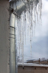 Icicles hang from a downpipe building
