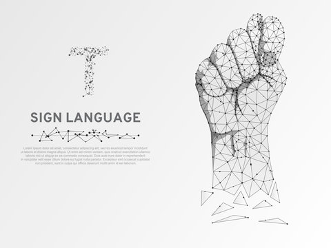 Origami Sign language T letter, Russian Sing Dulya Figa Shish Kukish gesture. Polygonal space low poly style. Deaf people silent communication. Connection wireframe. Vector on white background
