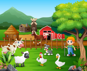 Obraz na płótnie Canvas Cartoon of a farmer at his farm with a bunch of farm animals